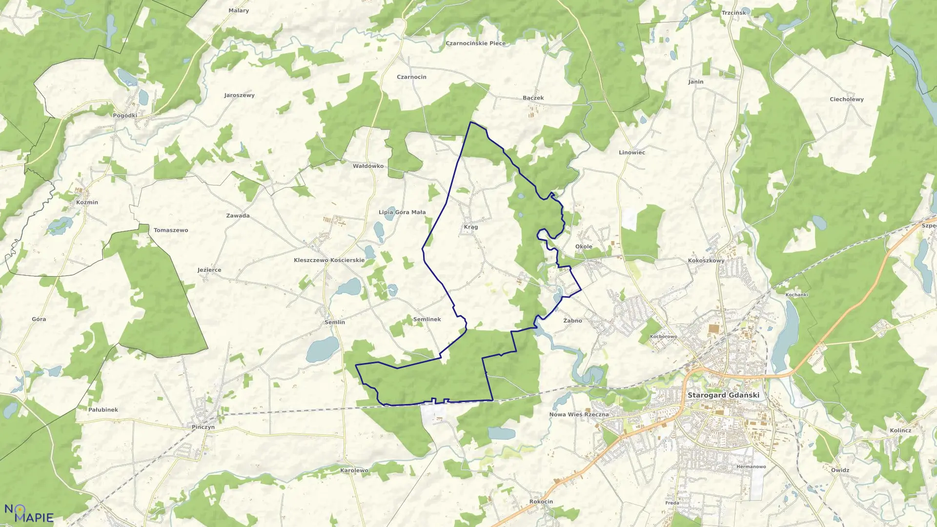 Mapa obrębu Krąg w gminie Starogard Gdański