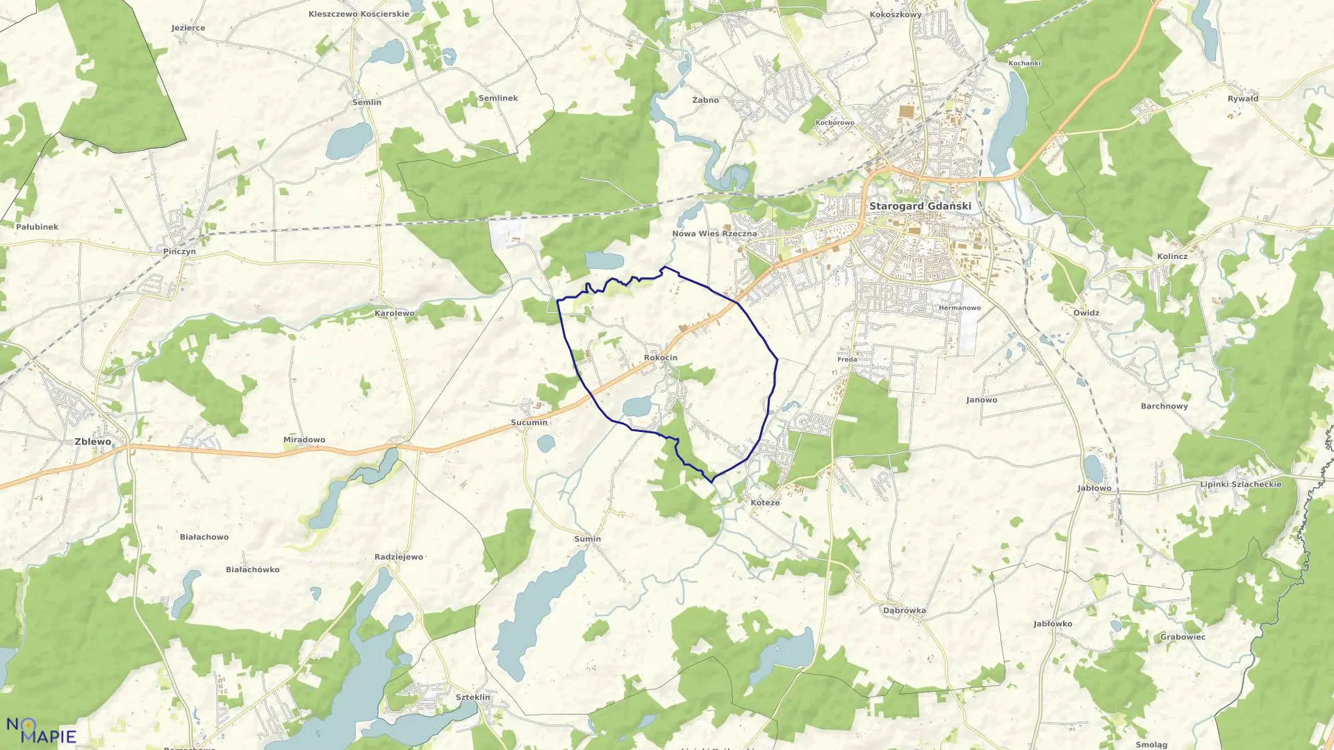 Mapa obrębu Rokocin w gminie Starogard Gdański